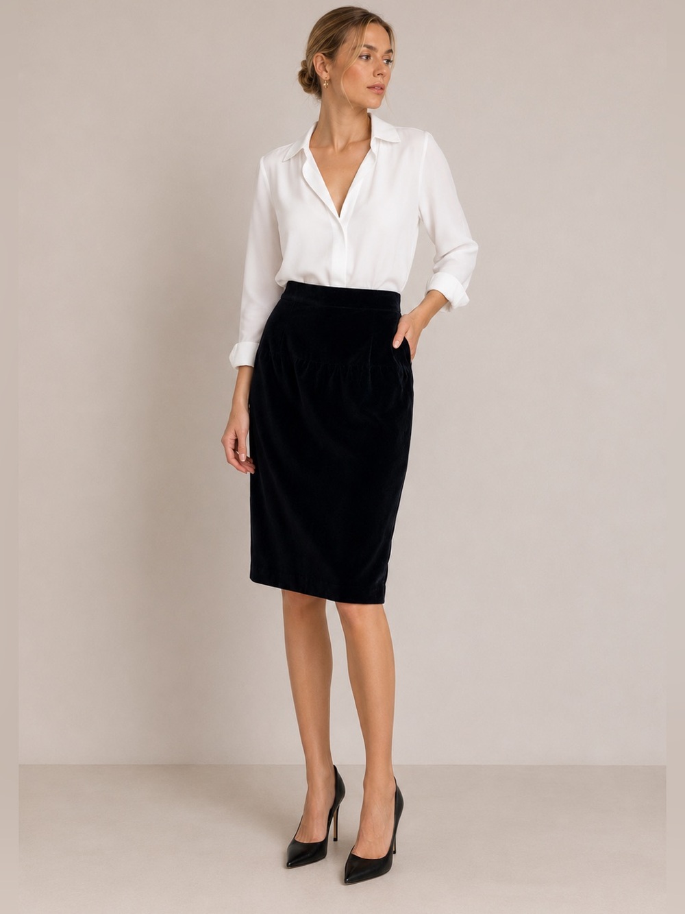 Chanel Skirt Velvet Pencil Cotton Vintage 42 Black